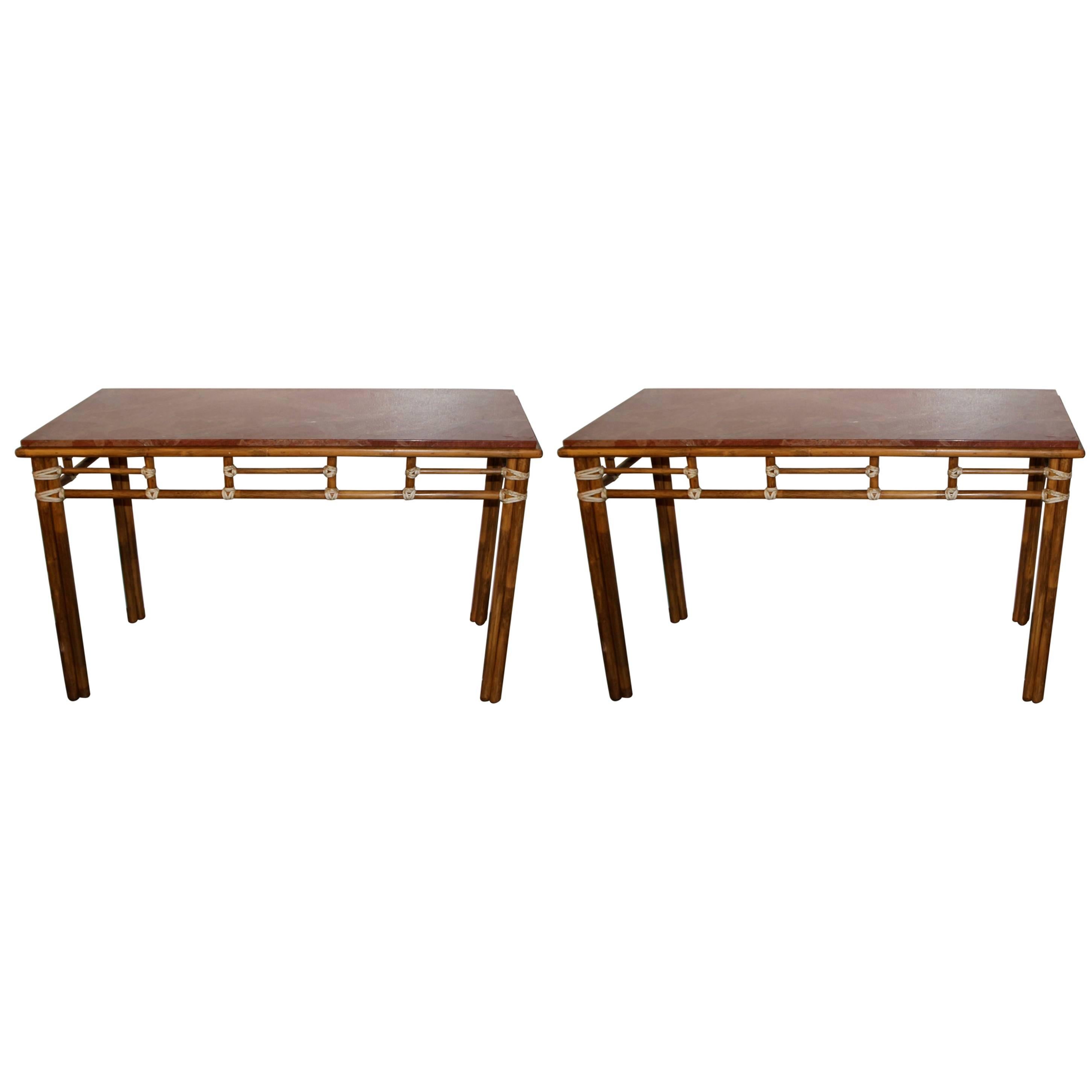 Pair of McGuire Bamboo and Rouge Marble-Top Console or Sofa Tables