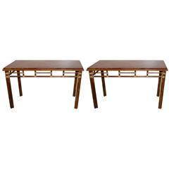 Pair of McGuire Bamboo and Rouge Marble-Top Console or Sofa Tables 10