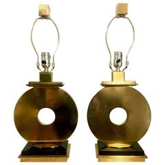 Pair of Large Brass Disc and Lamps with Marble Base
