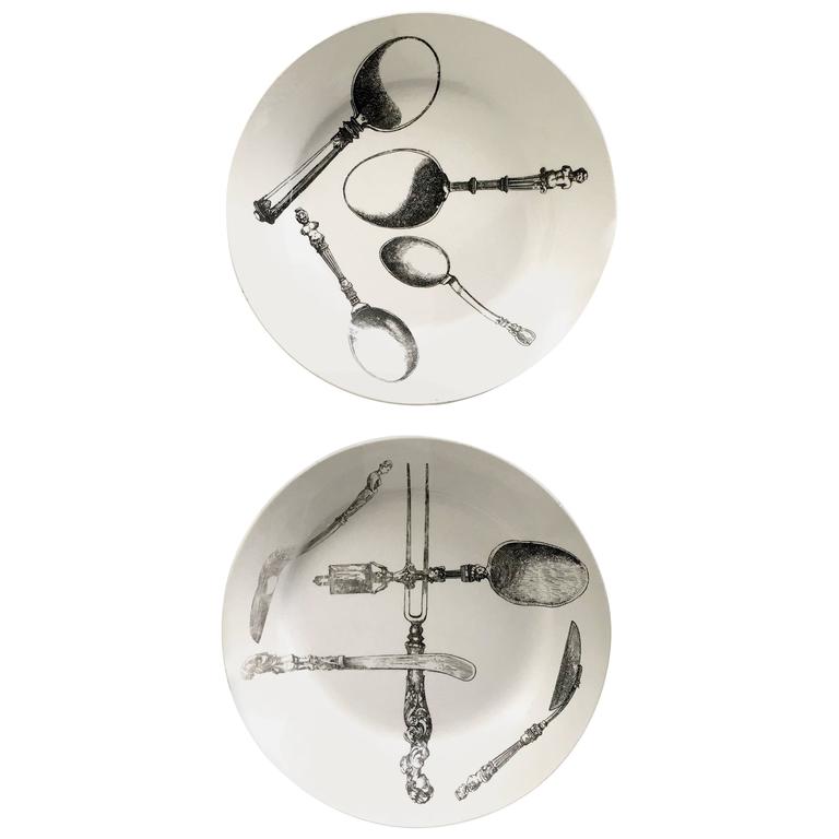Pair of Rare Fornasetti Italy Plates with Utensils For Sale at 1stdibs