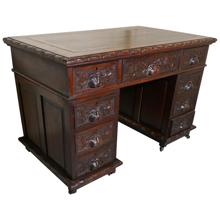 Victorian Green Man Carved Oak Pedestal Desk at 1stDibs