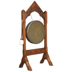 Antique Victorian Gothic Revival Oak Framed Dinner Gong