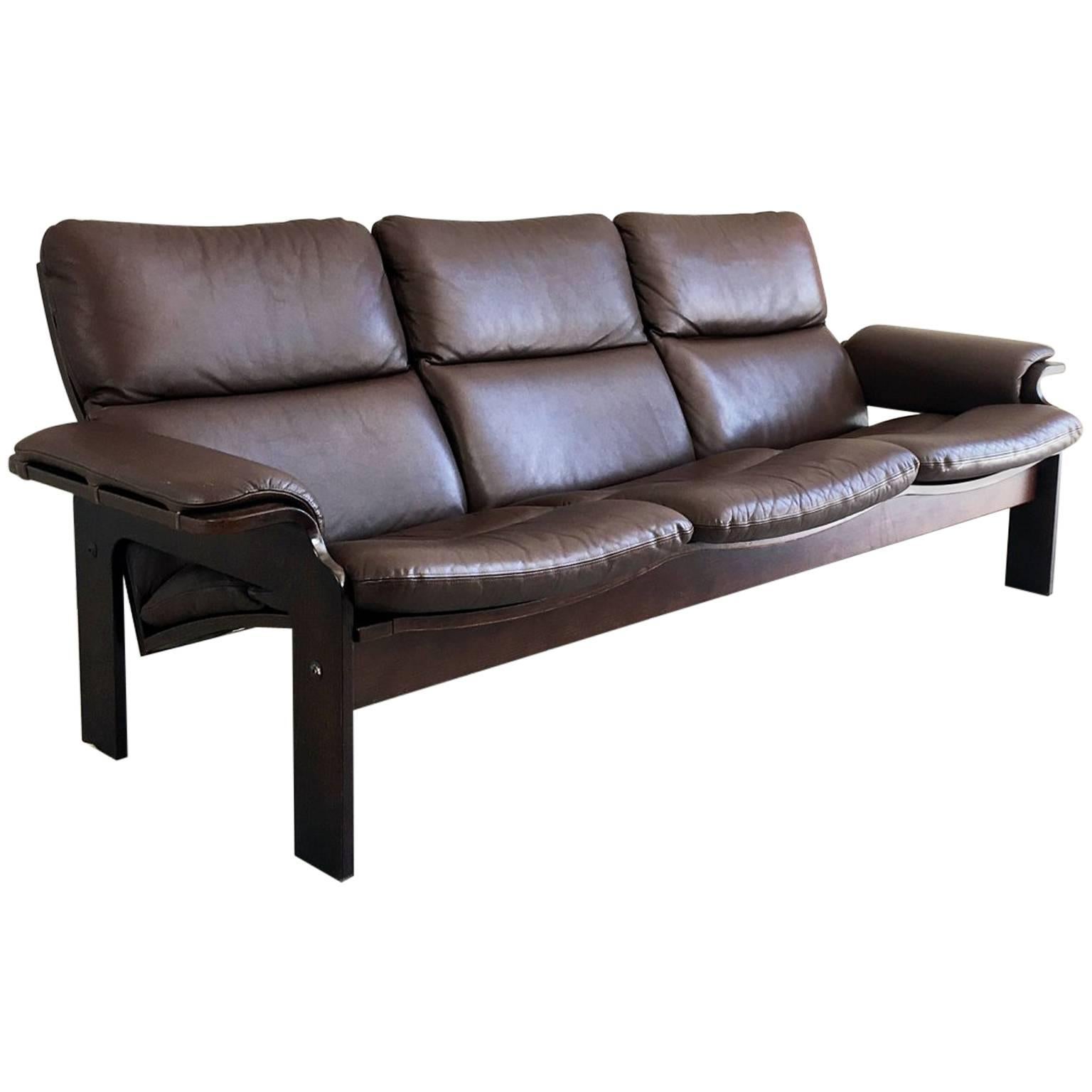 1970s Jeki Mobler Danish Mid-Century Brown Leather Three-Seat Sofa For Sale