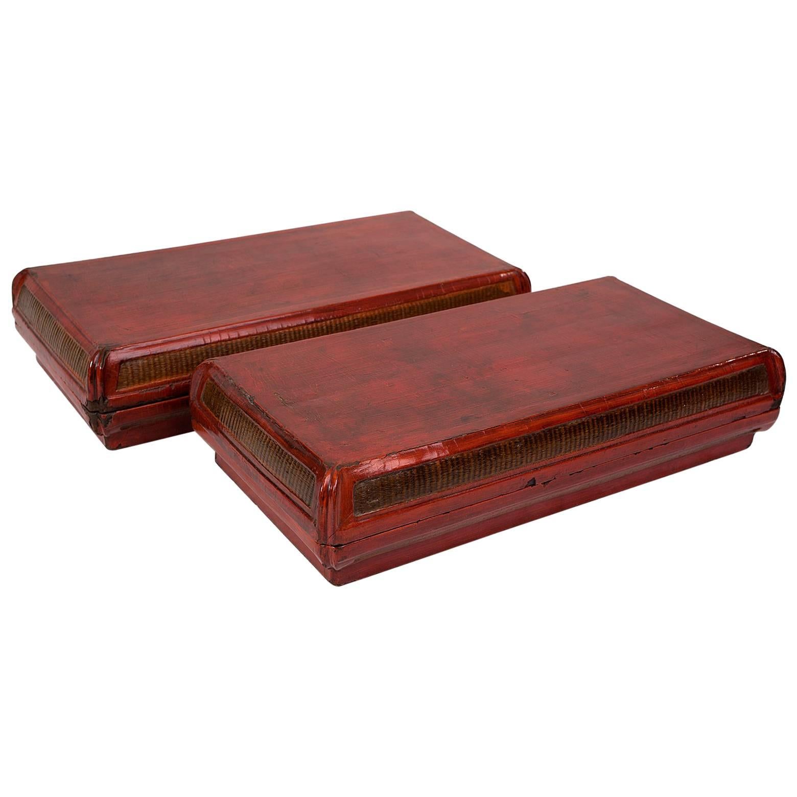 Qing Dynasty Pair of Red Lacquer Chinese Food Container Boxes For Sale
