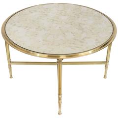 Round Brass Coffee Table with Antiqued Mirror in the Style of Maison Jansen