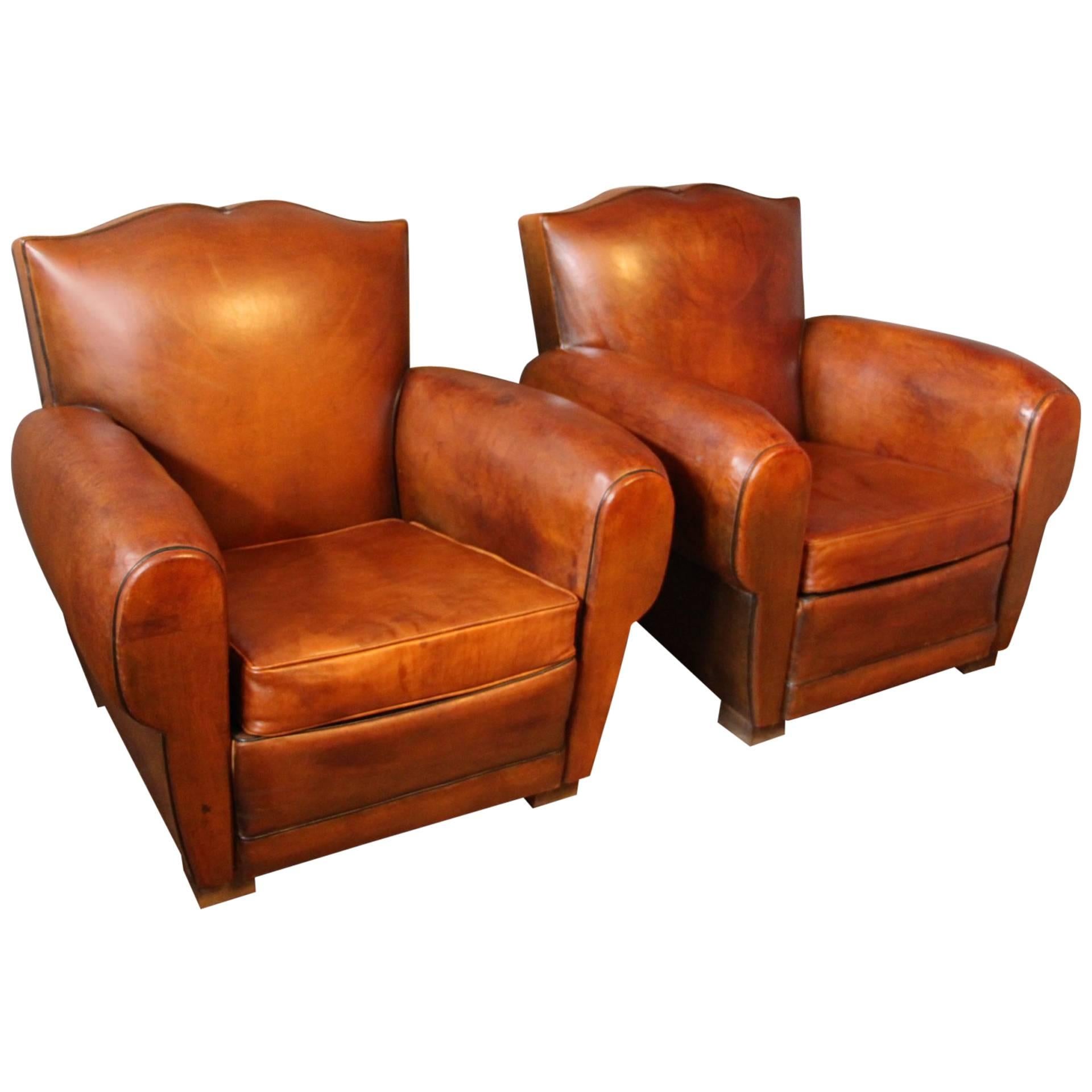 Pair of 1930s French Leather Club Chairs, Mustache Back