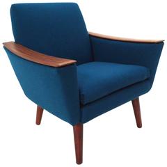 Scandinavian Blue Wool and Teak Armchair Midcentury Chair, 1960s