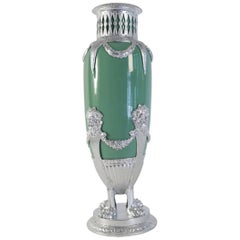 Antique Celadon Vase in Faience, Silver Plate and Silver Leaf, 19th Century Period