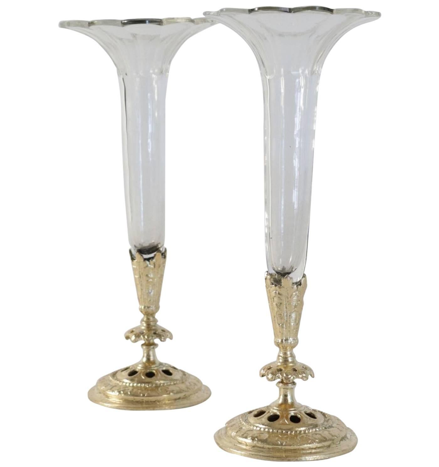 Pair of Bud Vases, Cristal and Gold Gilt Bronze and Gold Leaf For Sale