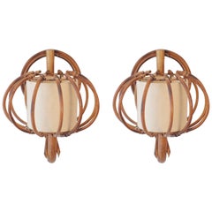 1950s, Pair of Rattan Sconces Attributed to Louis Sognot