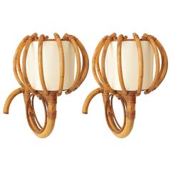 1950s Pair of Rattan Sconces Attributed to Louis Sognot