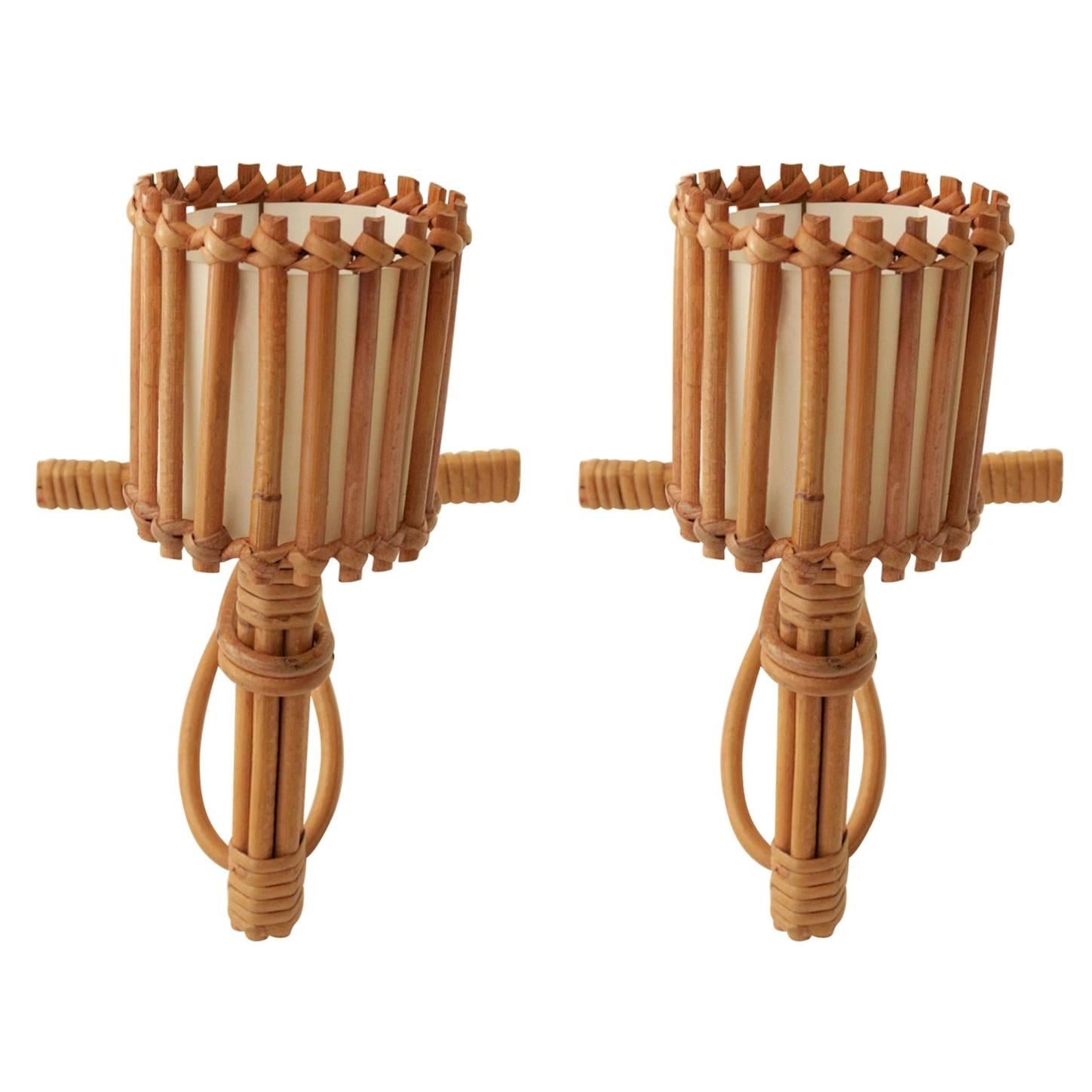 1950s Pair of Rattan Sconces Attributed to Louis Sognot