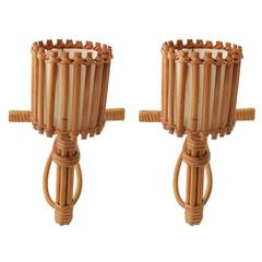1950s Pair of Rattan Sconces Attributed to Louis Sognot