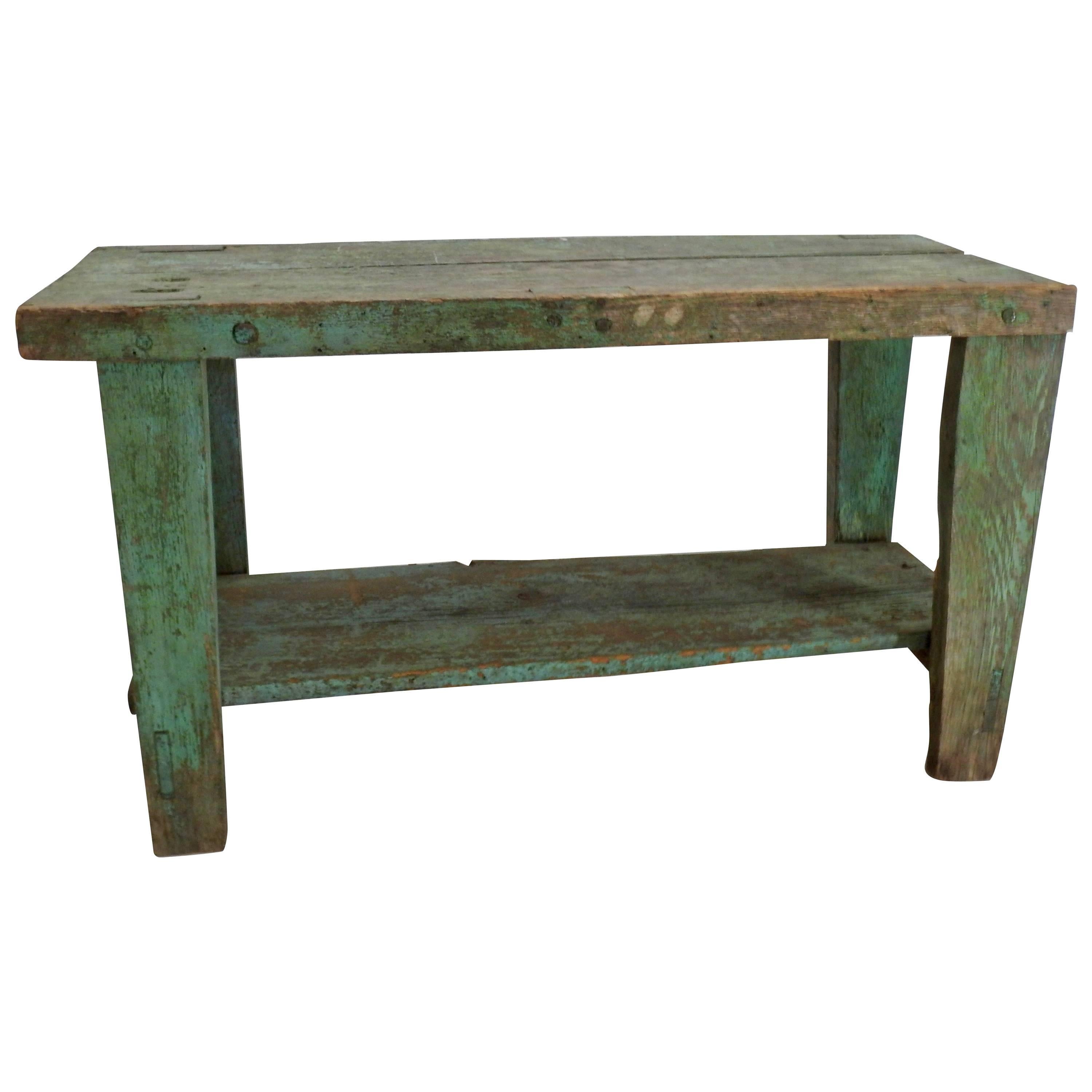 19th Century Country French Primitive Turquoise Wooden Bench