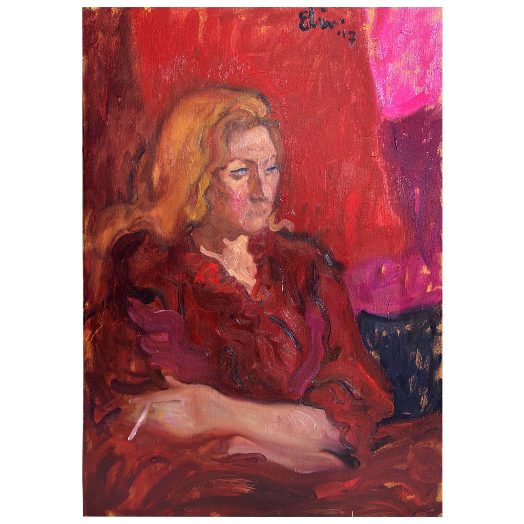 "Woman in Red", Original Oil on Canvas, Expressive Portrait of a Woman Painting For Sale