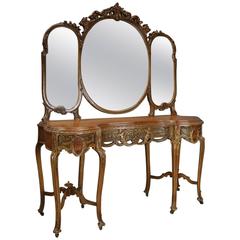 Antique French Neoclassical Carved Walnut Vanity with Mirror and Chair