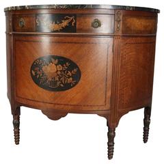 Antique Continental Style Demilune Marble-Top Mahogany Marquetry Credenza