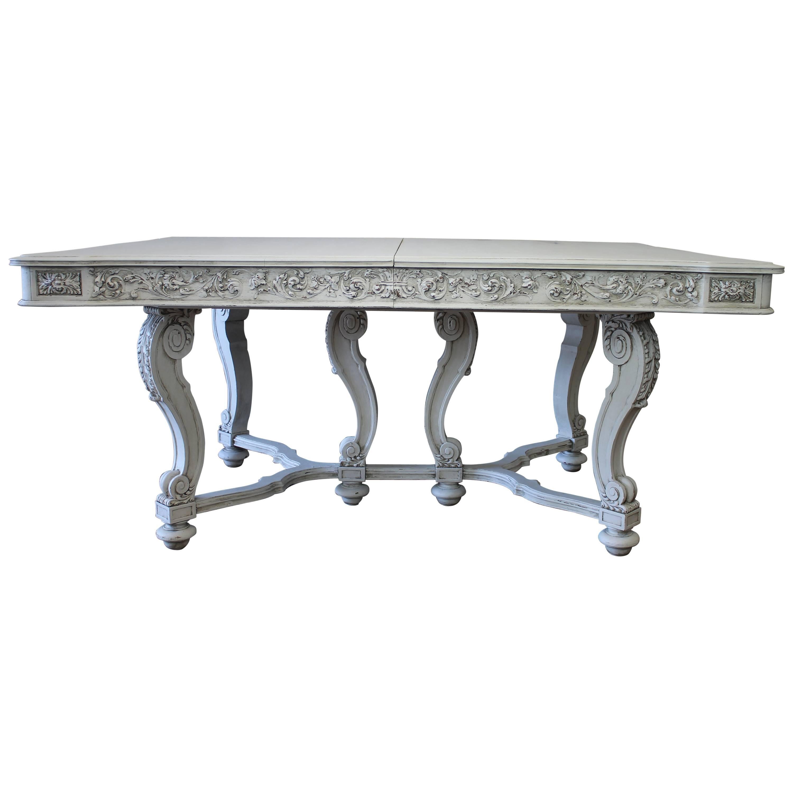 Early 20th Century Solid Carved and Painted Walnut Dining Table with Leaves