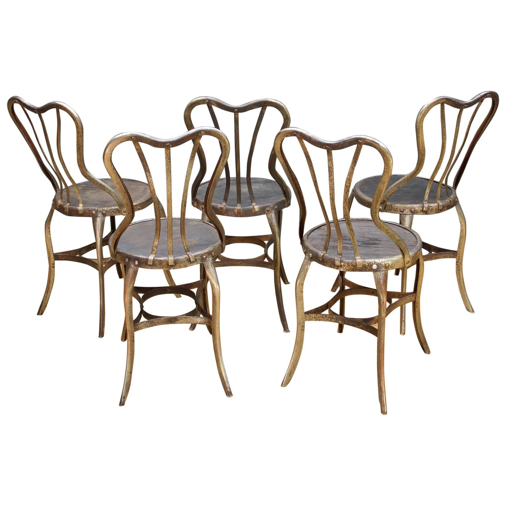 1920s Vintage Industrial UHL Metal Dining Cafe Bistro Chairs Five