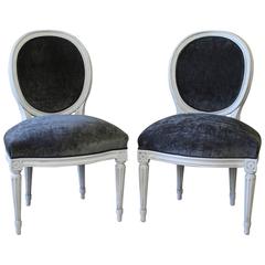 Velvet Louis XVI Style Painted and Upholstered Side Chairs