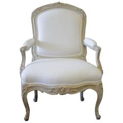 Antique Louis XV Style Fauteuil Painted and Upholstered in Belgian Linen