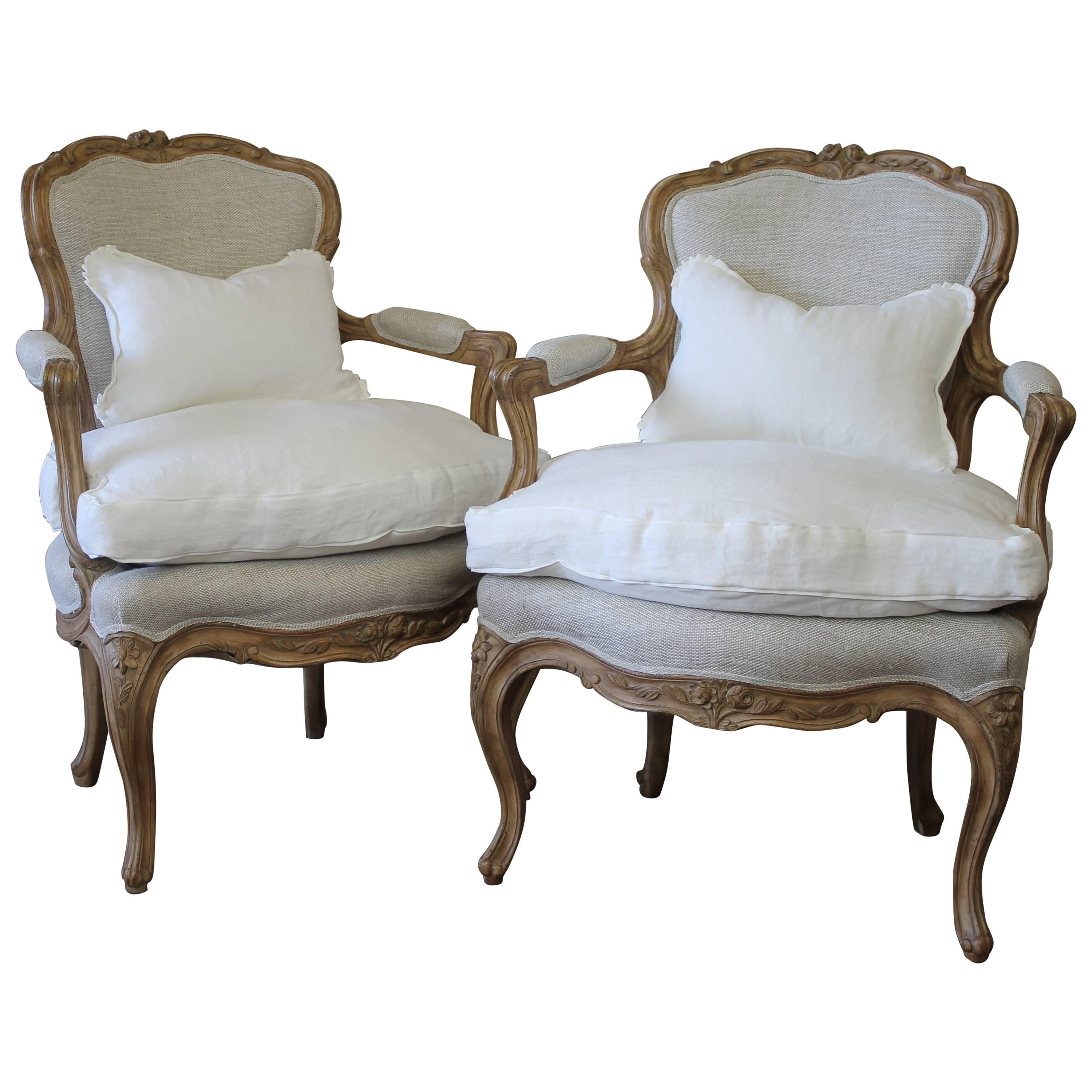 Pair of Louis XV Style Open Armchairs in Upholstered in Irish Linens