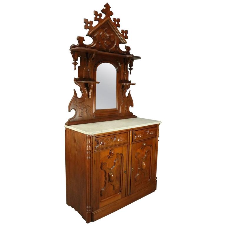 Antique Heavily Carved Oak Mirrored MarbleTop Sideboard with Candle