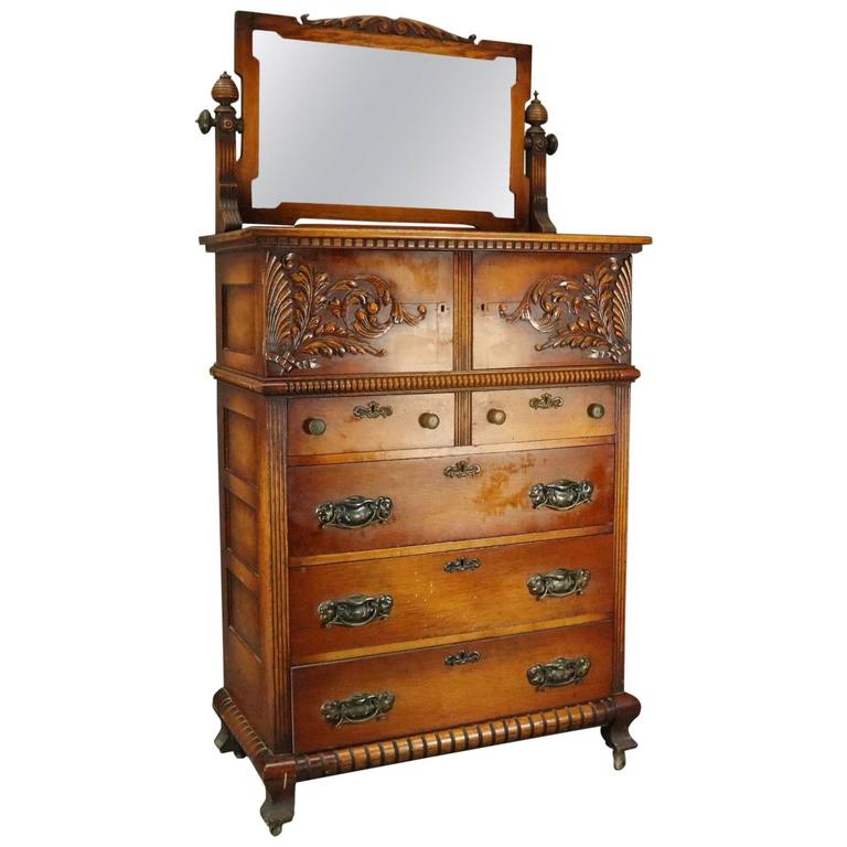 Oversized Antique Carved Oak And Bronze Five Drawer Bonnet Chest