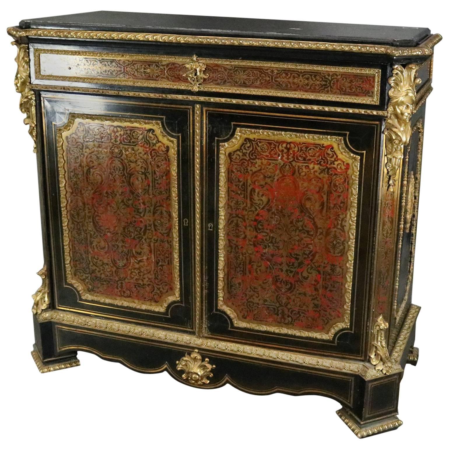 19th Century Antique French Boulle Tortoise, Ebonized, Ormolu & Marble Credenza