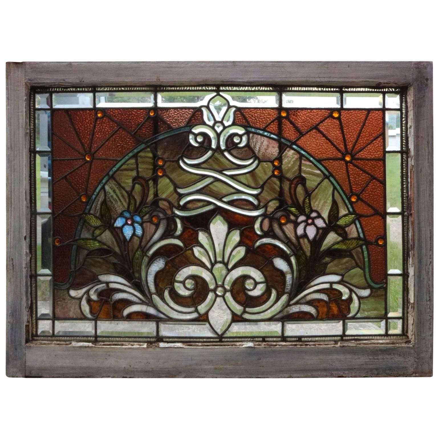 Antique Art Nouveau Leaded Stained Glass Window, Floral, circa 1920