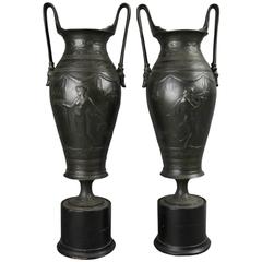 19th Century Pair of Antique Neoclassical Figural Cast Bronze Urns