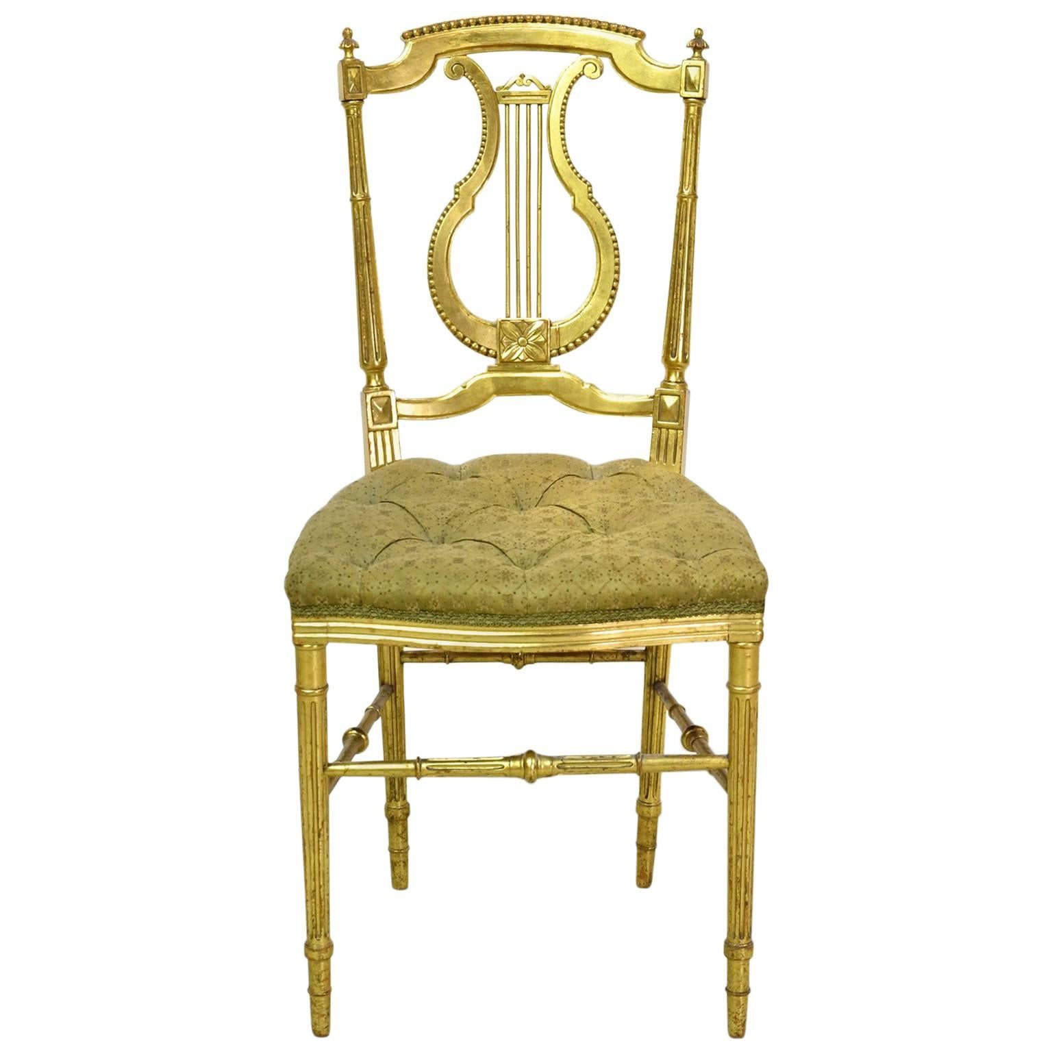 Gilded Louis XVI Style Chair w/ Lyre-Back & Upholstered Seat, France, ca. 1910