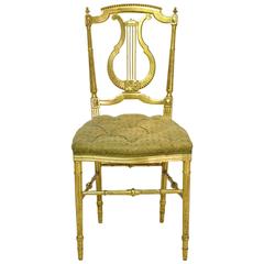 Gilded Louis XVI Style Chair w/ Lyre-Back & Upholstered Seat, France, ca. 1910
