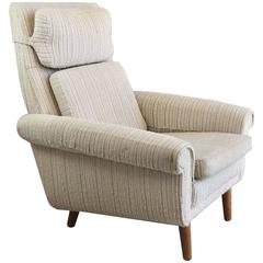 1970s Danish Mid-Century High Back Armchair with Original Oatmeal Woolen Fabric