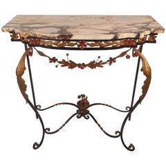 Vintage Cast Iron and Marble Demilune Hall Table 2