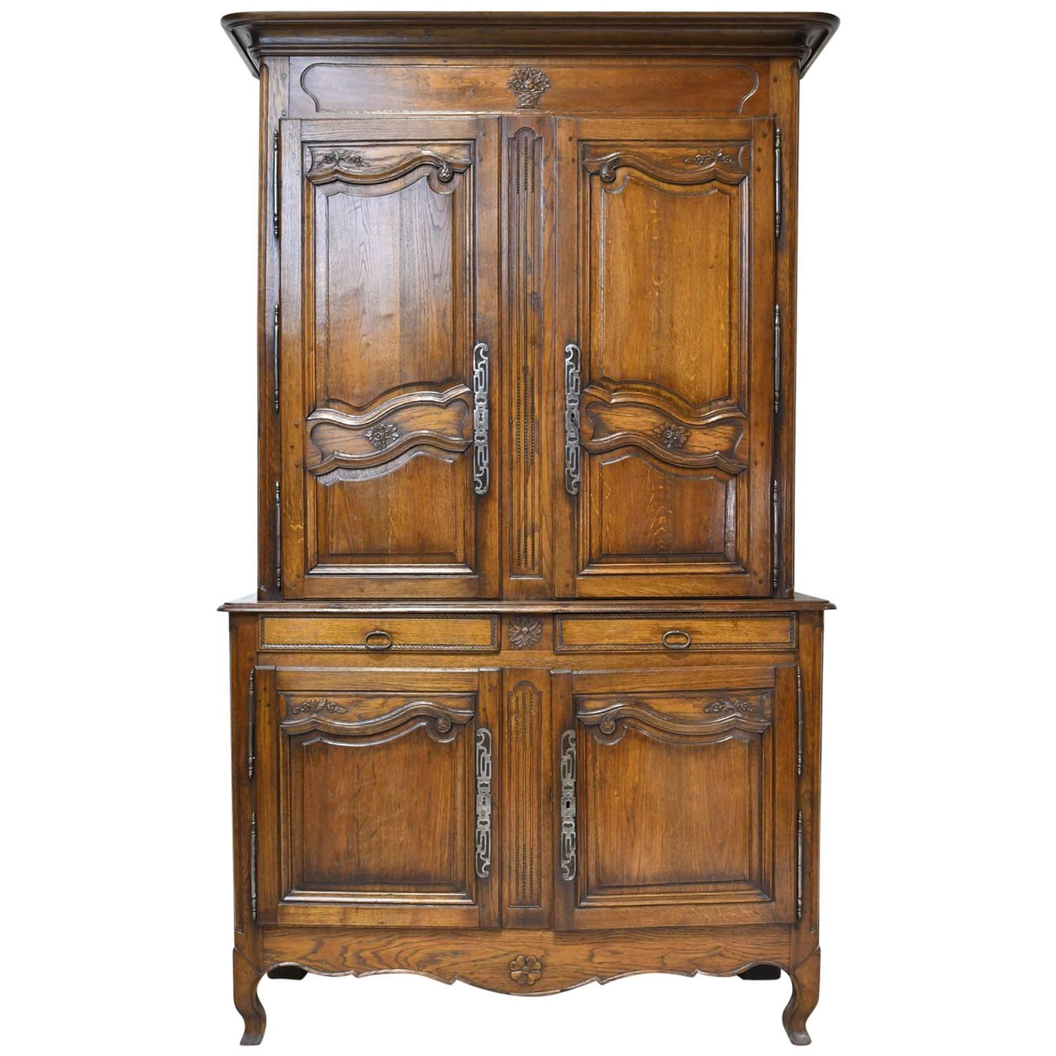 18th Century Tall French Buffet a Deux Corps in Oak with Hand-Carved Panels