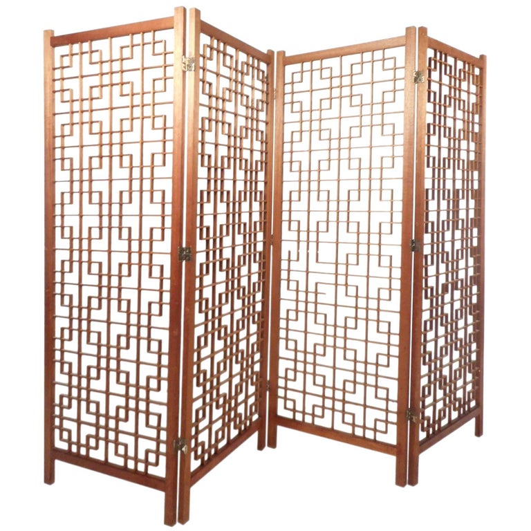 MidCentury Modern Teak FourPanel Lattice Folding Wall Divider For