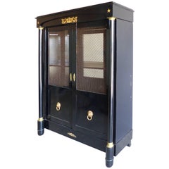 French Empire Lacquered Bibliotheque with Bronze Trellis Doors and Ormolu