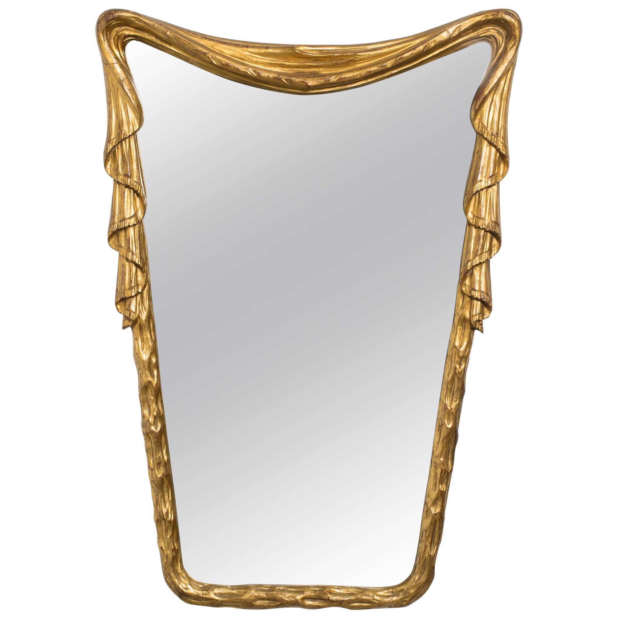 1940s Hollywood Regency Carved Wood Draped Mirror from Italy