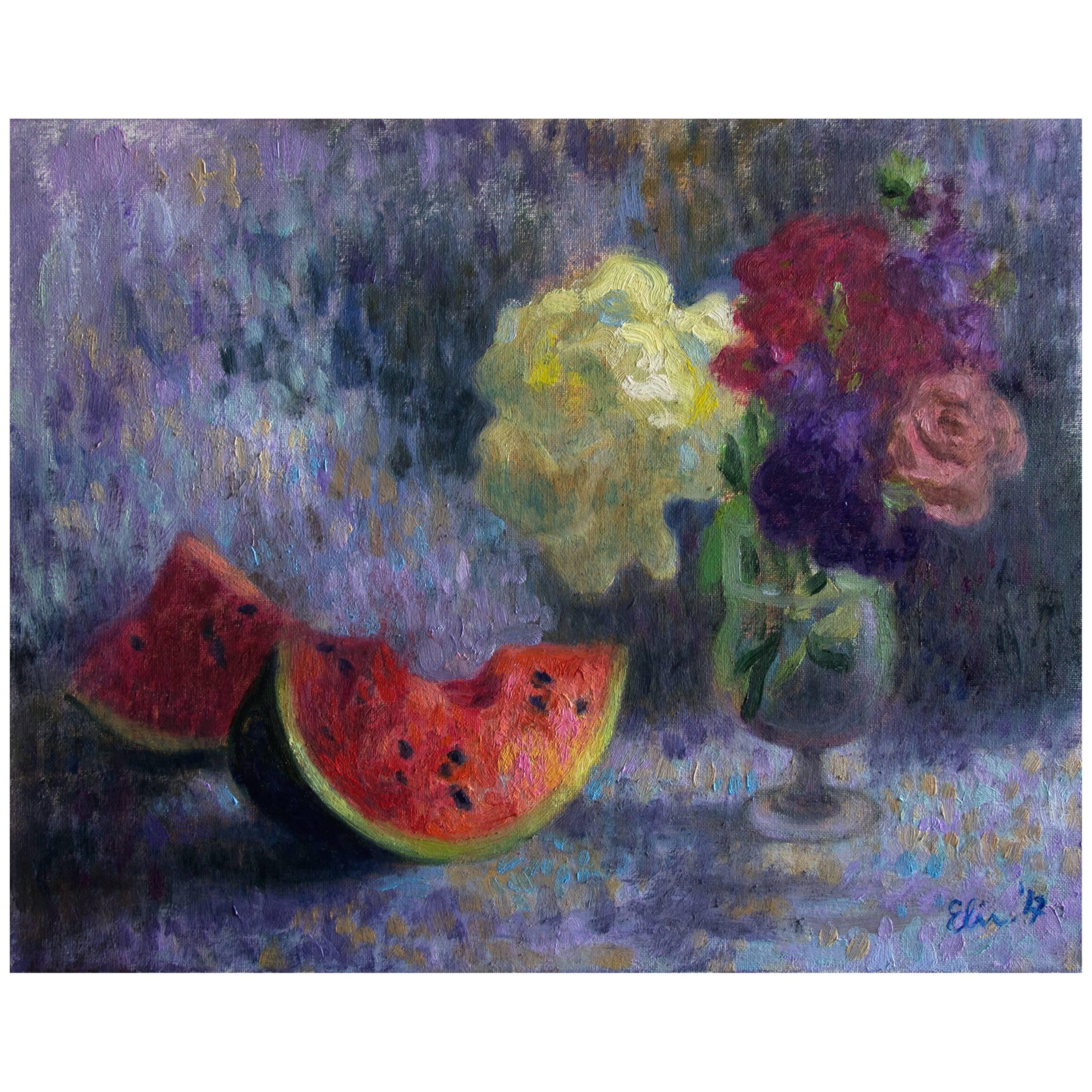 "Still Life with Watermelon and Flowers" Original Oil on Canvas Painting, 2017 For Sale