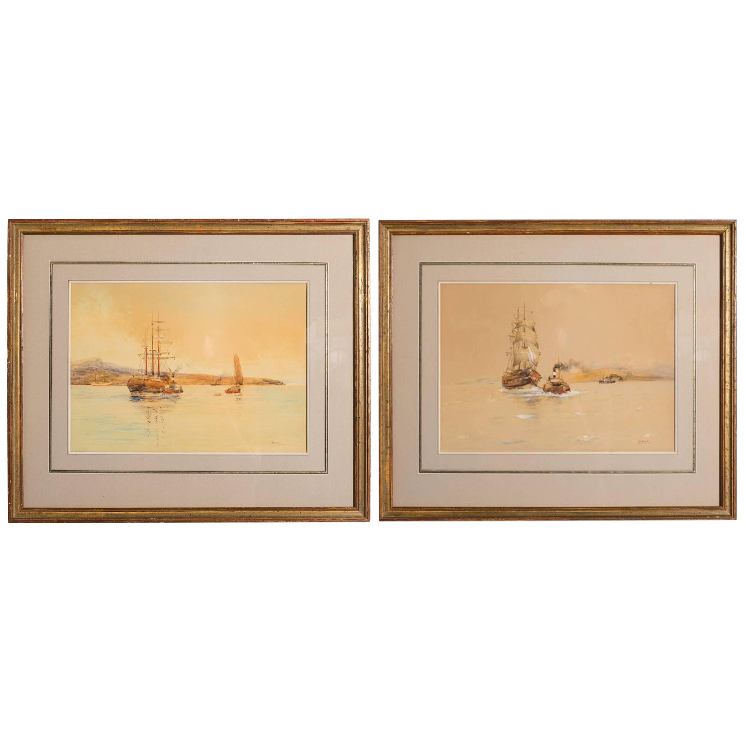 Pair of Turn of the Century Ship Watercolors Signed Davis