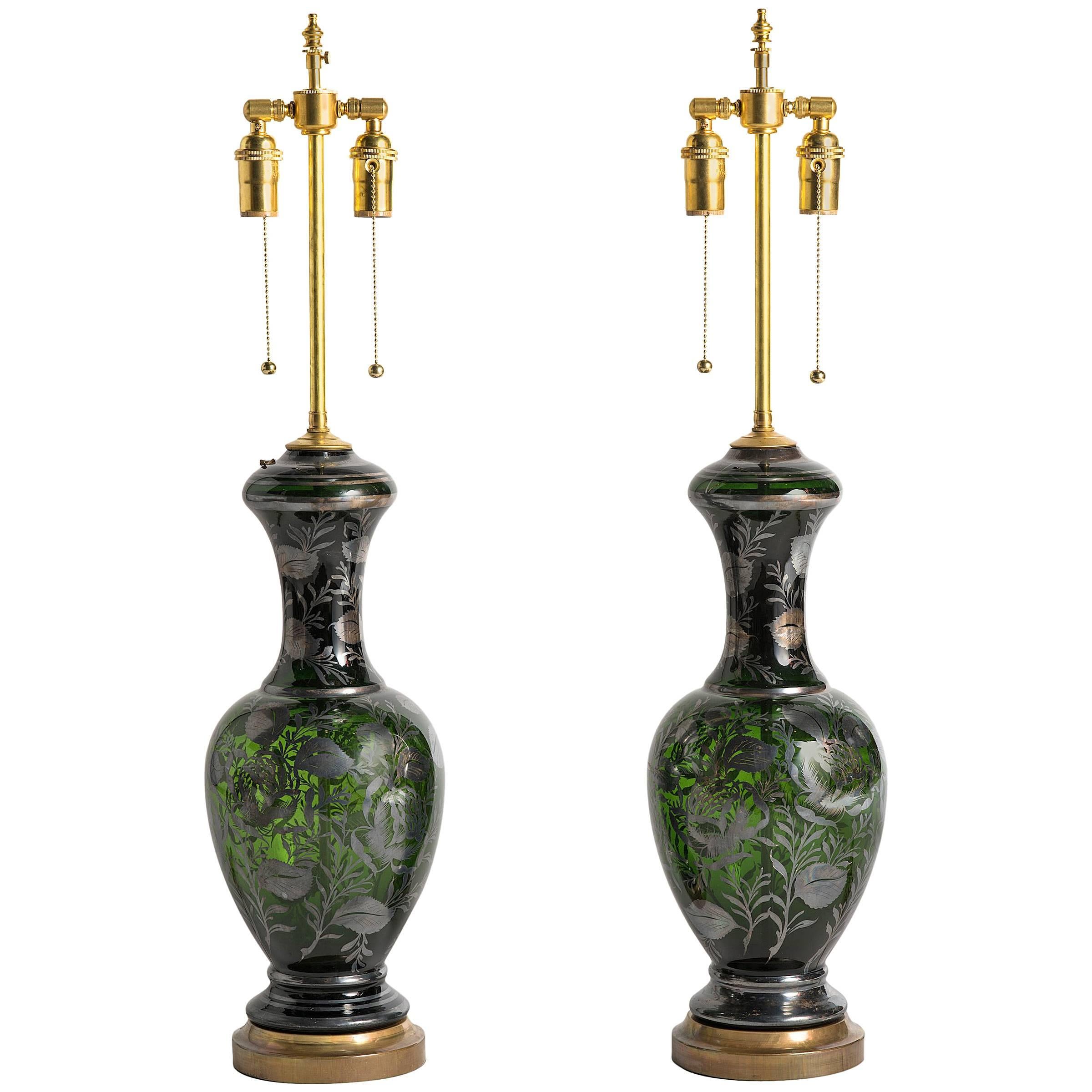 Pair of 1960s Green Murano Glass Lamps with Silver Leaf Overlay