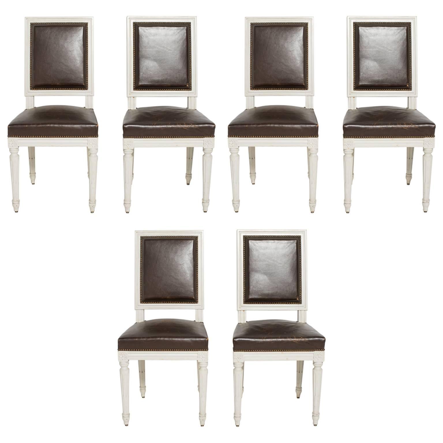 Six Leather Louis XVI, 1920s Side Chairs