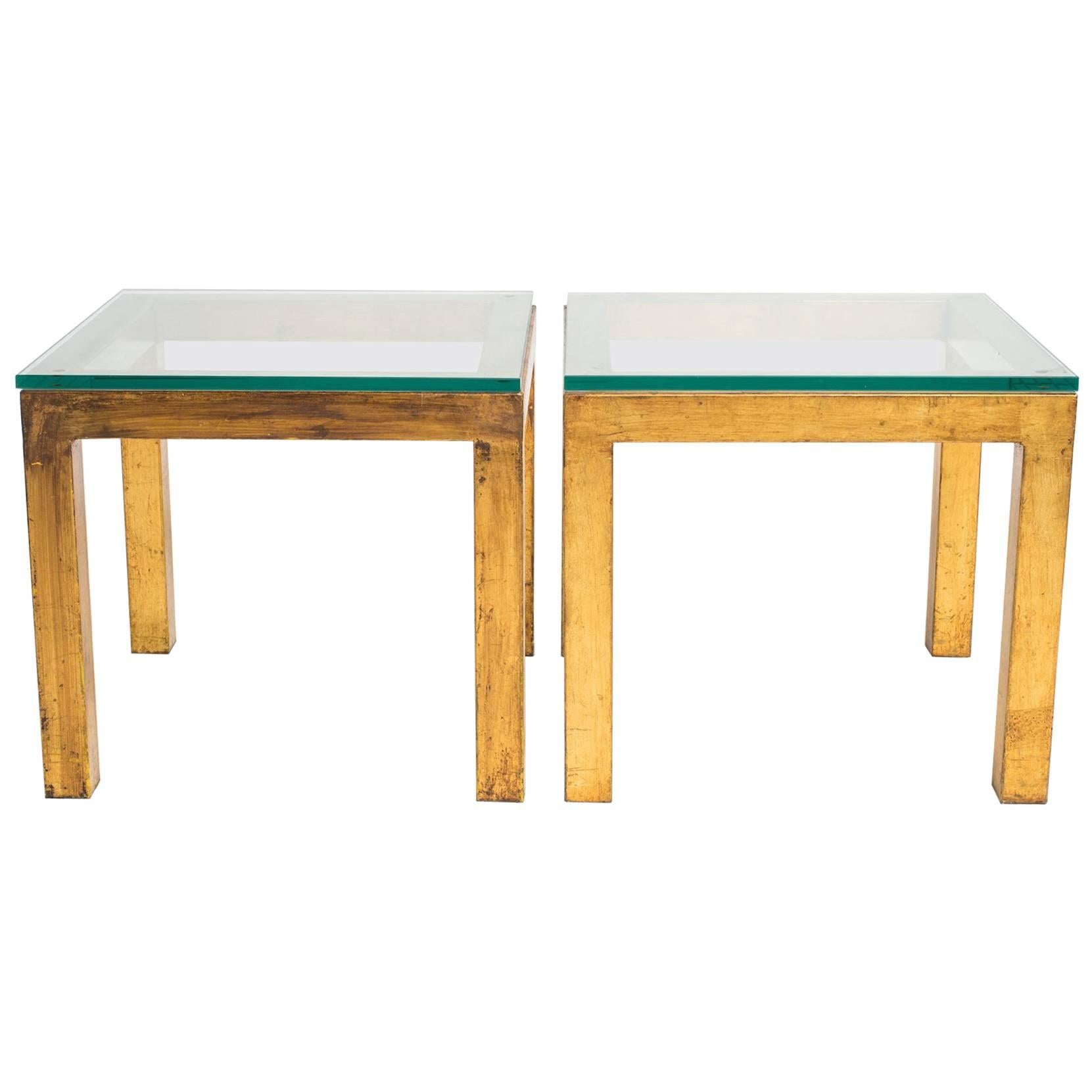 Pair of Gilt Metal Parsons Side Tables with Thick Glass Tops