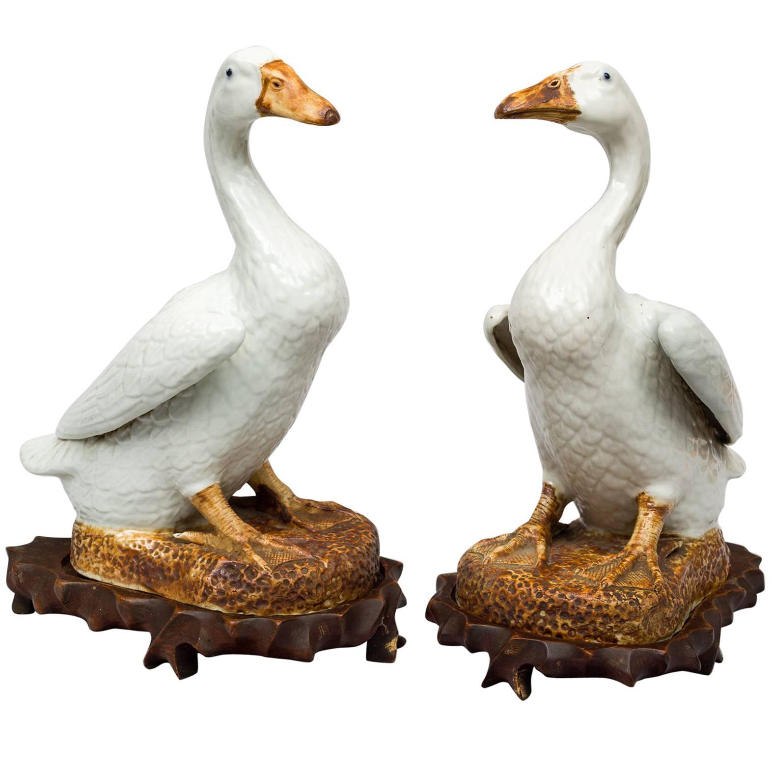 Pair of Chinese Porcelain Ducks on Stands For Sale