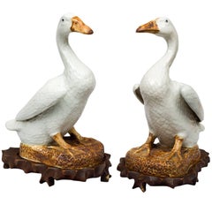 Antique Pair of Chinese Porcelain Ducks on Stands