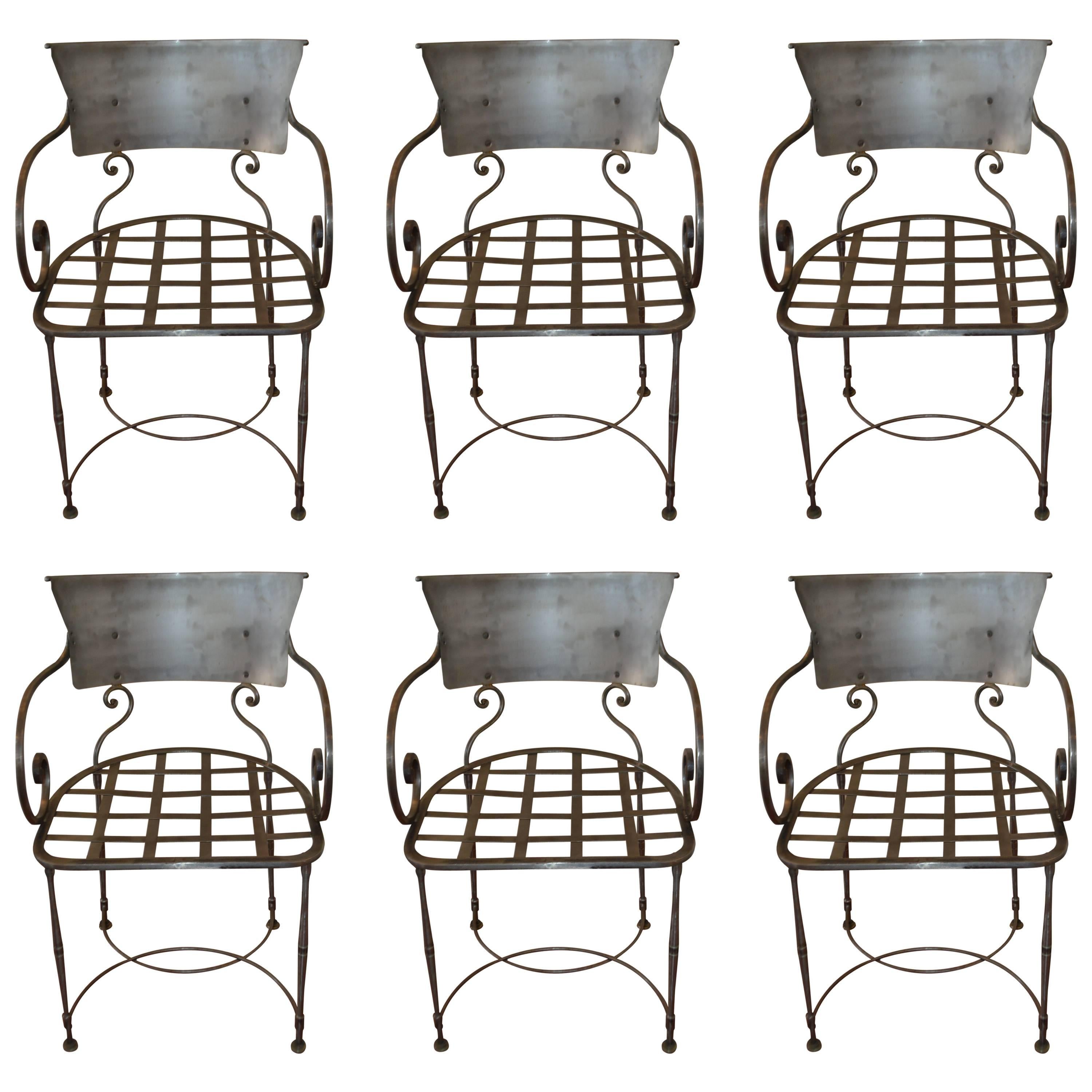 Set of Six Hand-Forged Wrought Iron Dining Chairs
