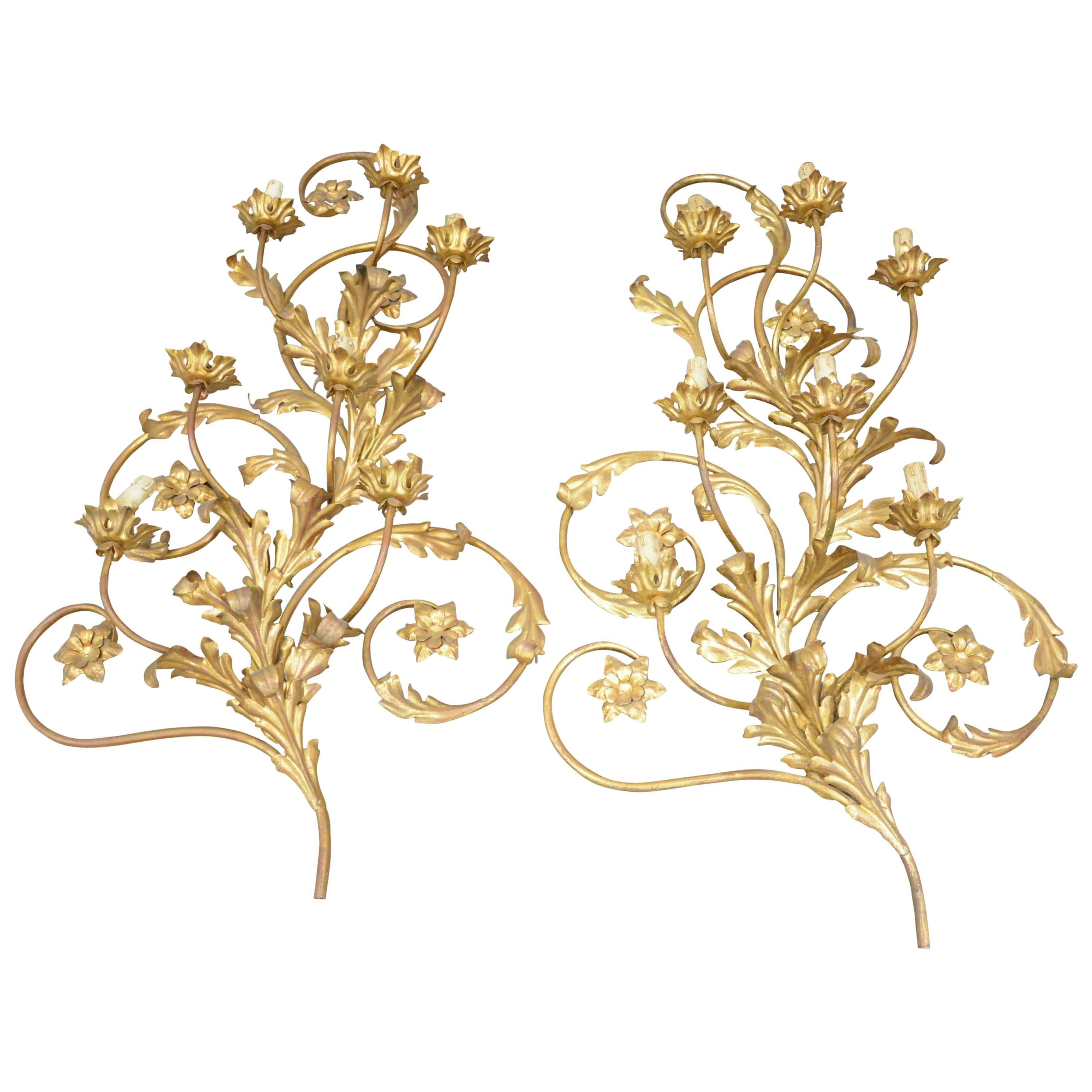 Pair of High Gilt Metal Sconces, circa 1970 For Sale