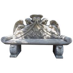 Winged Cherubs Carved Limestone Garden Bench from Italy