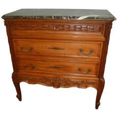 Transitional Mahogany Commode with Three Drawers and Dark Grey White Marble Top